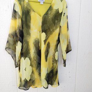 JMB Signature Tunic Top Yellow/Brown Floral Women's 2X V-Neck 3/4 Sleeve.